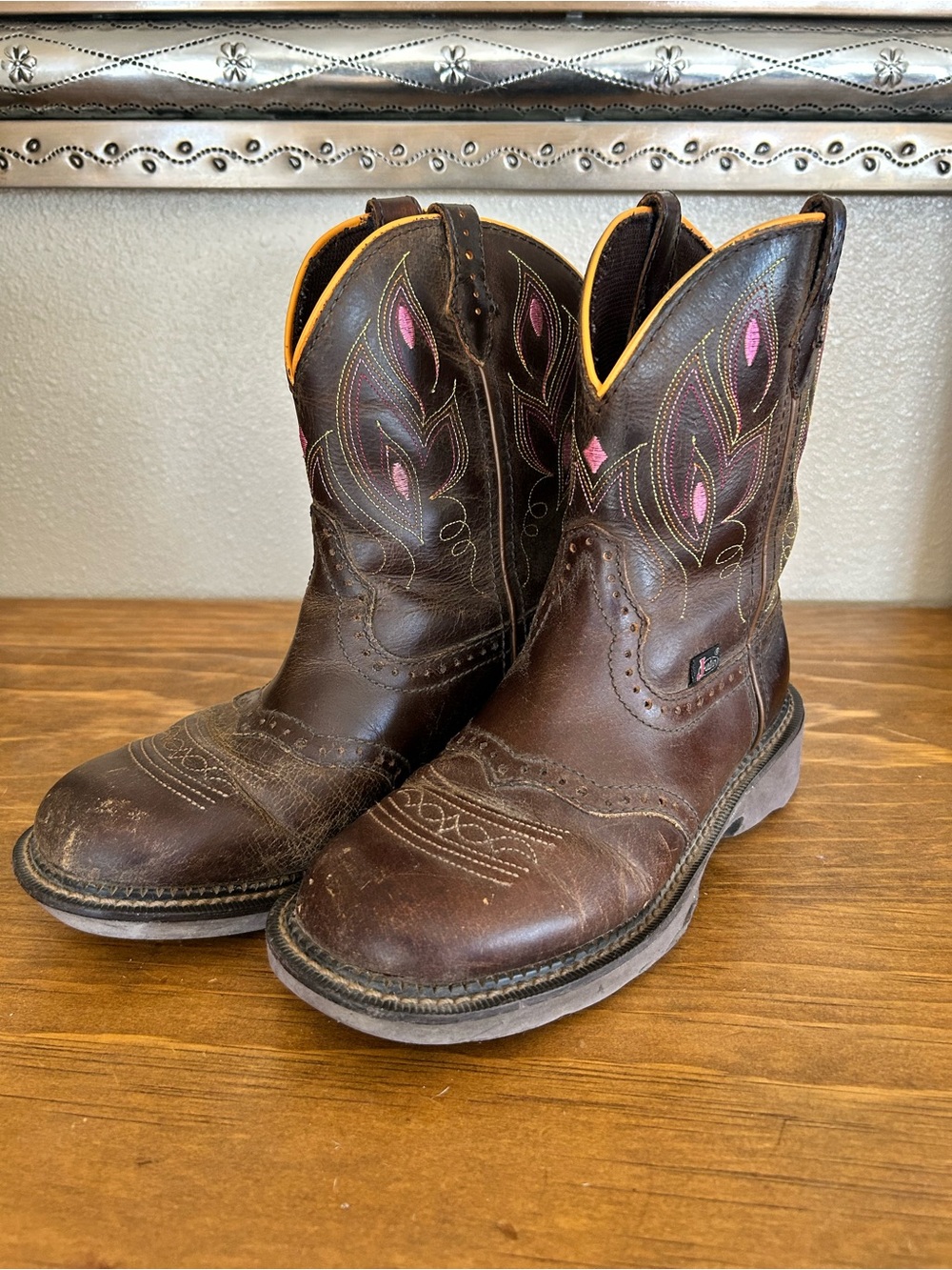 Justin Brown Leather Western Boots with Pink Stitching and Yellow Trim